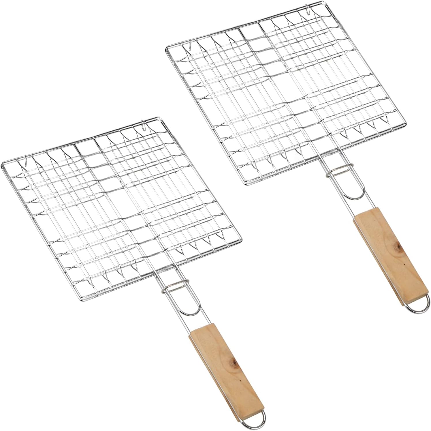 Grillrost – 2-teilig – Edelstahl Und Holz – Zusammenklappbar Mit Verriegelung – Für Fleisch Und Fisch – 20 X 21,5 Cm