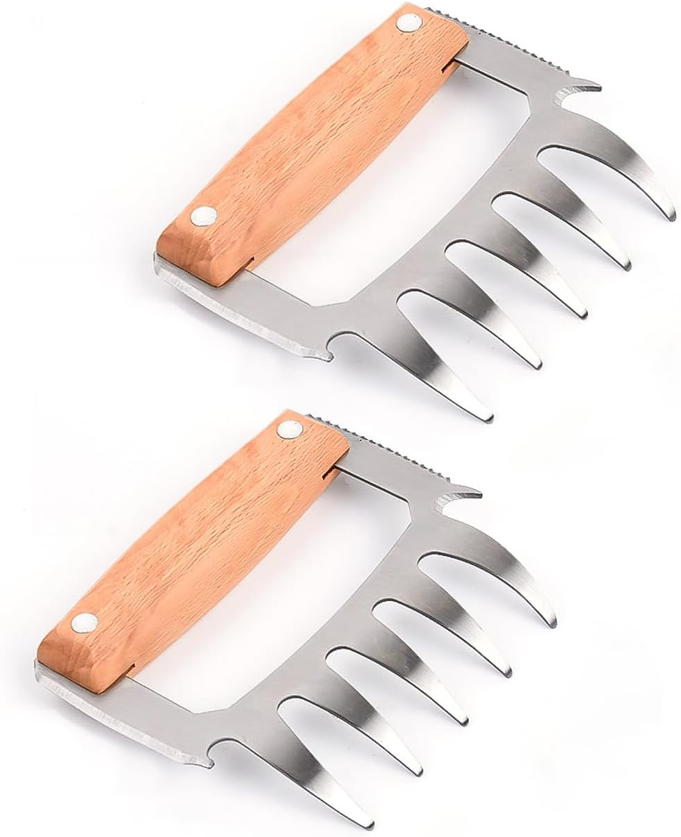 Fleischkrallen – 2 Stück – Edelstahl Und Holz – 5 In 1 – Grillen Und Kochen – 8,5 X 12,1 X 10 Cm