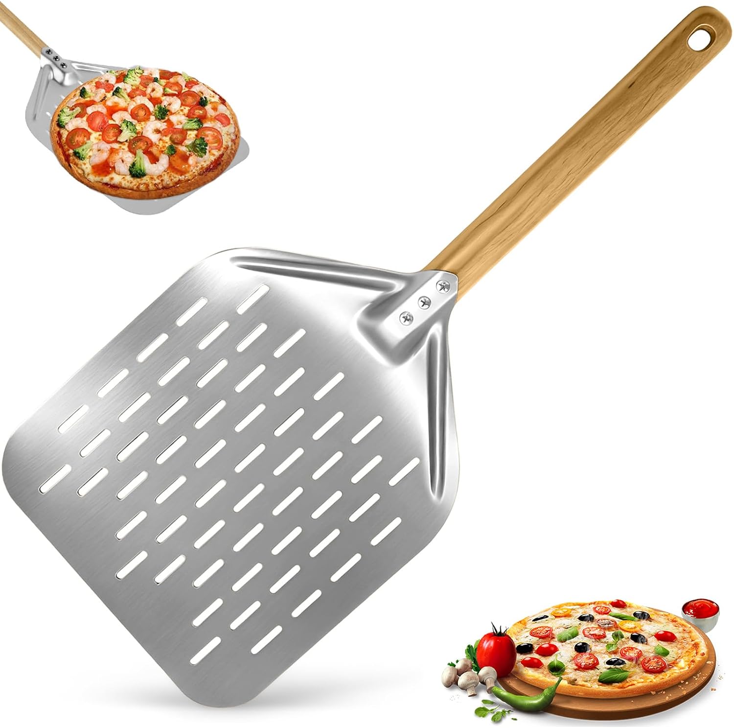 Pizzaschieber – 1-teilig – Aluminium Und Holz – Perforierter Und Abnehmbarer Griff – Ofen- Und Grillgeeignet – 39,5 X 30 Cm