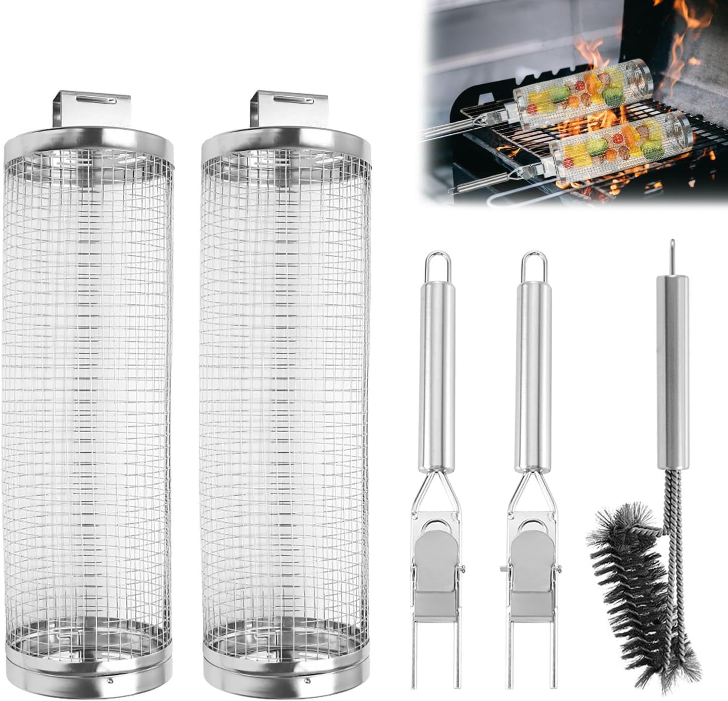Rollbarer Grillkorb – 2er-set – Edelstahl – Gleichmäßiges Garen – Für Gemüse Und Fleisch – Inkl. Bürste