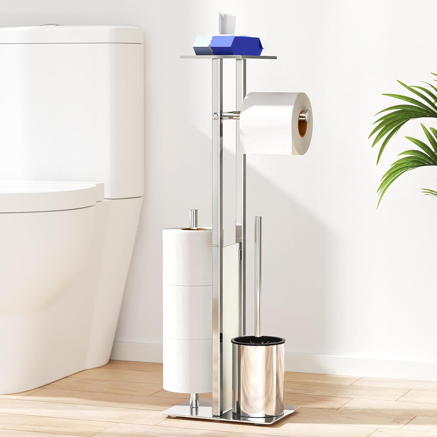 Freistehender Toilettenpapierhalter – 4-in-1-set – Edelstahl Und Glas – Mit Toilettenbürste Und Ablage – Für Moderne Badezimmer – Silberfarben