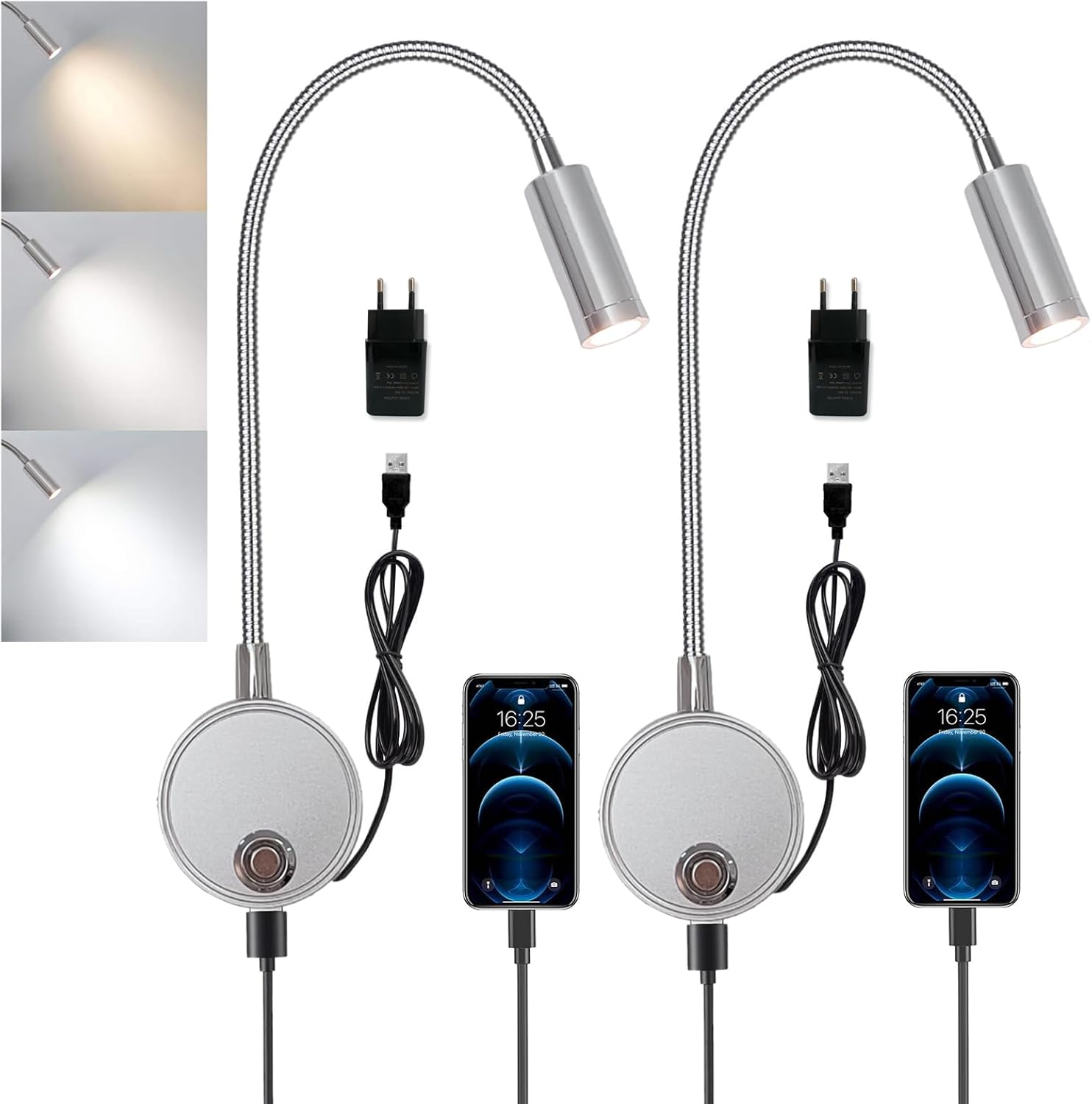 Led-wandleselampe – 2 Stück – Silbernes Aluminium – Dimmbar Per Touch Und Usb – Für Nachttisch Und Schreibtisch – 38 Cm Flexibler Hals