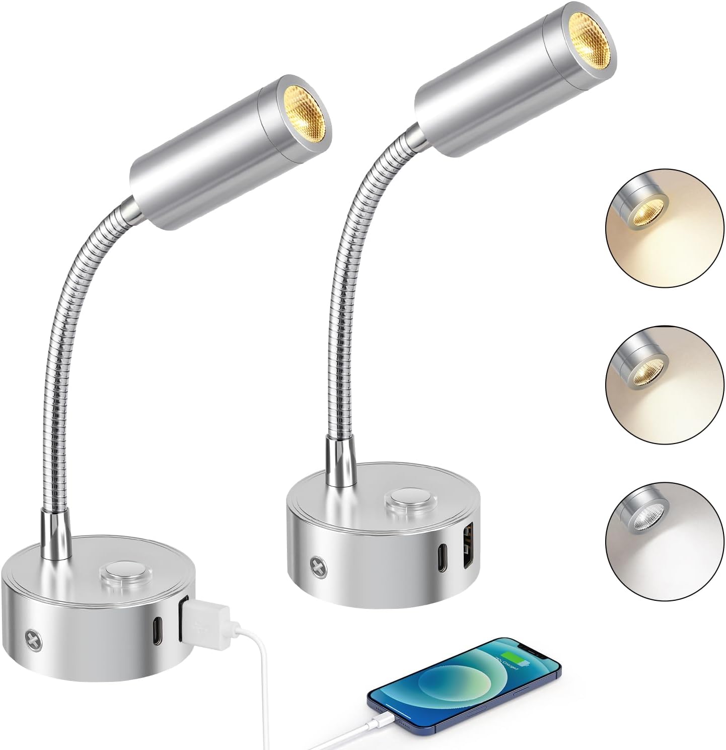 12v Led-leselampen – 2er-pack – Silber – Berührungsempfindlich, Verstellbarer Und Flexibler Hals – Für Wohnmobile Und Boote – Mit Usb-a- Und Usb-c-anschlüssen