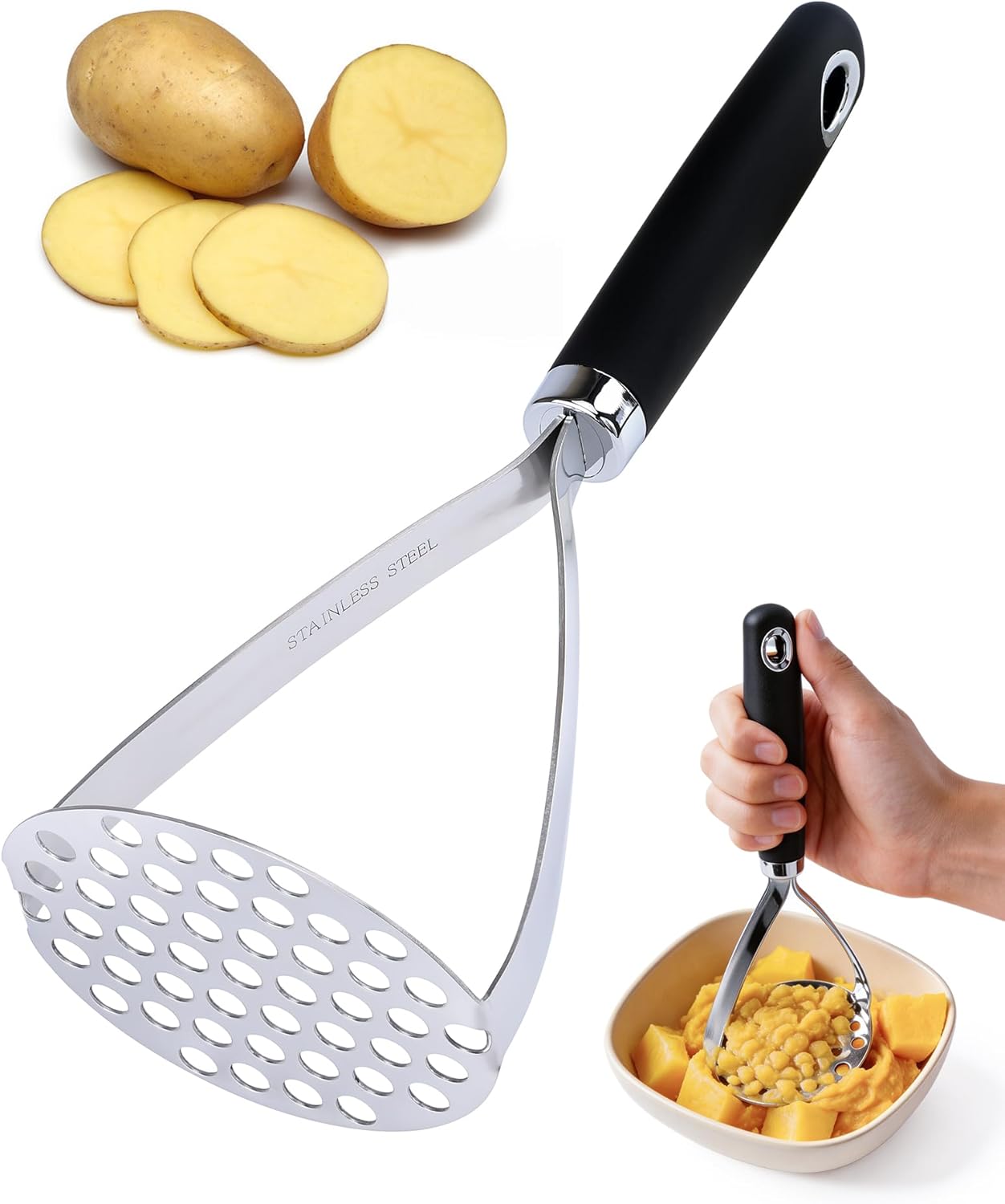Kartoffelstampfer Aus Edelstahl – 1 Stück – 26 Cm – Rutschfester Griff – Für Gemüse Und Obst
