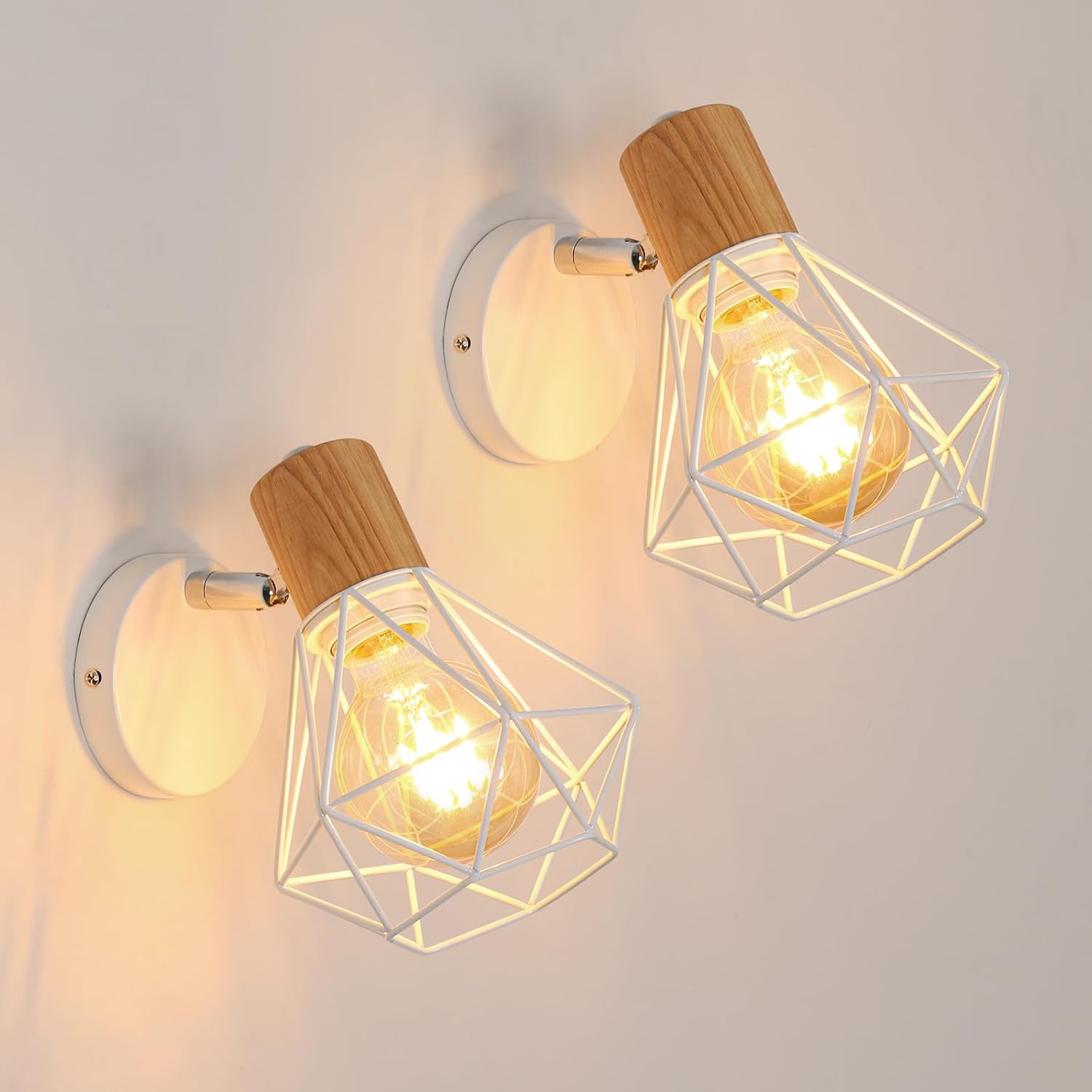 2er-set Wandleuchten – Holz Und Metall – E27-fassung – 350° Drehbar – Wohn-/schlafzimmer – Weiß