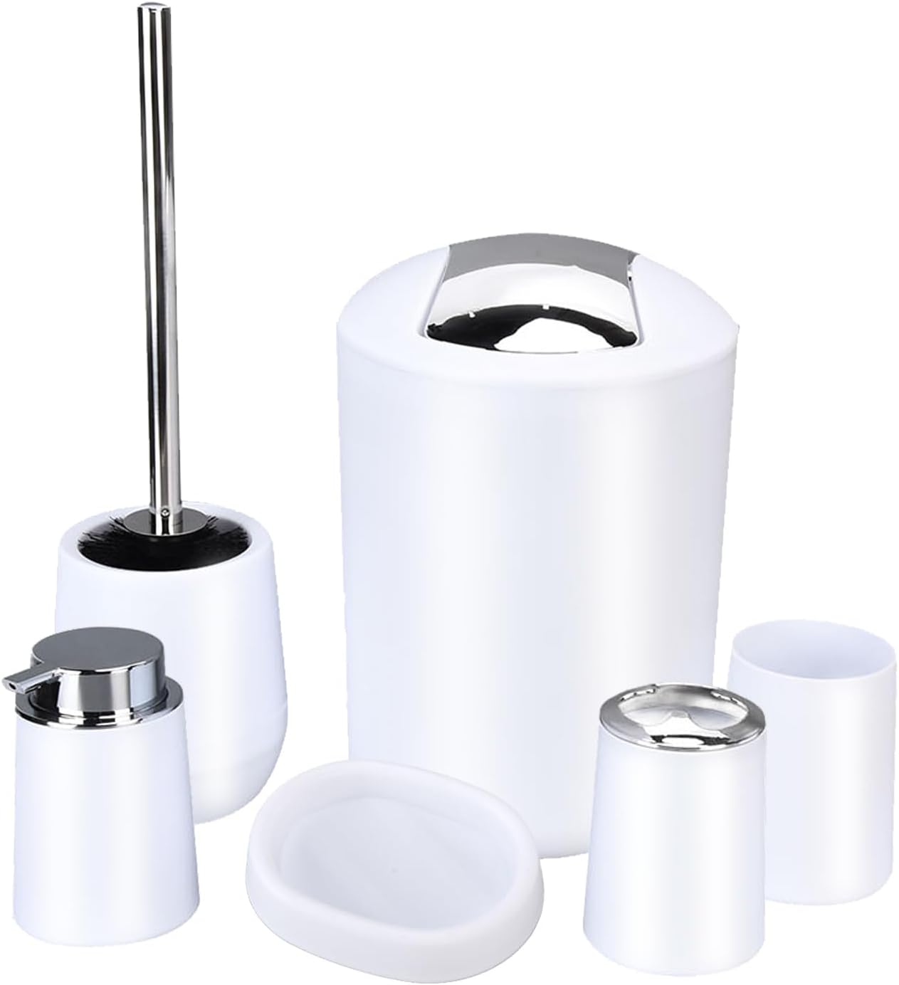 6-teiliges Badezimmer-accessoire-set – Weißes Abs – Modernes Design – Inklusive Abfalleimer Und Bürste – Für Zuhause Und Hotel