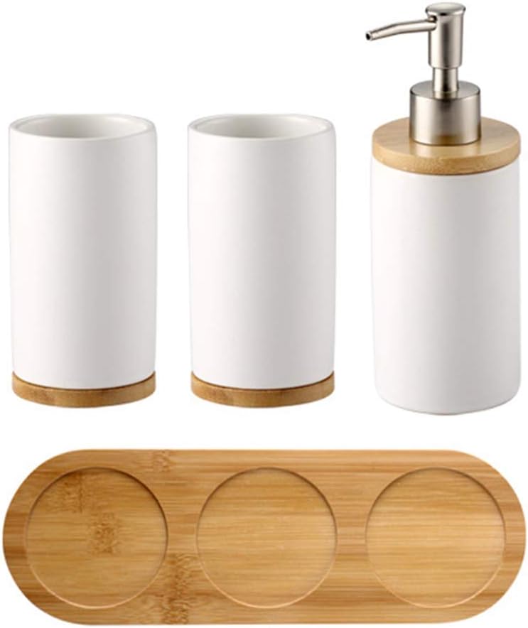 4-teiliges Badezimmer-accessoire-set – Keramik Und Bambus – Spender Und Bürstenhalter – Nordisches Design – Für Moderne Badezimmer