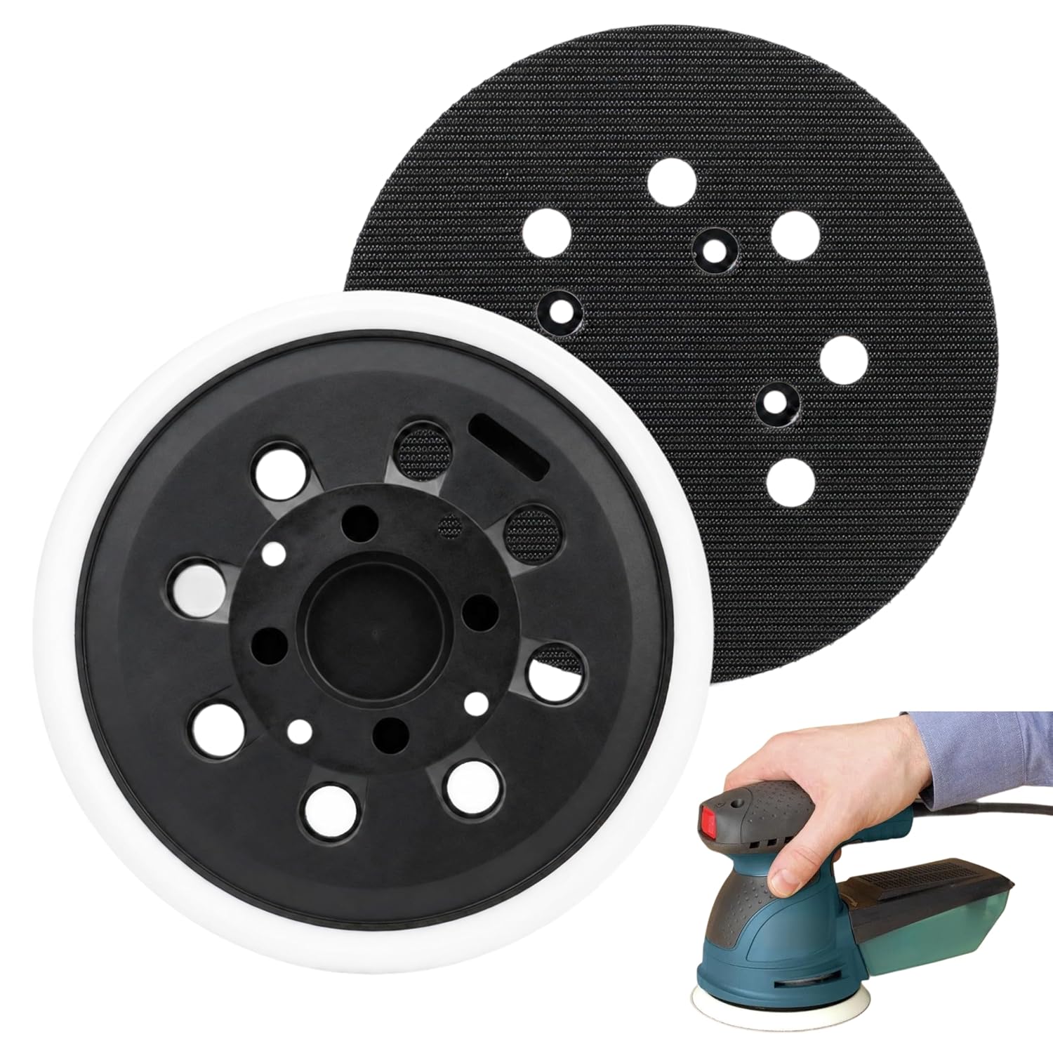 Set Mit 2 Schleifpads (125 Mm) – 8 Löcher – Mittlere Härte – Selbstklebende Rückseite – Für Exzenterschleifer – Weiß