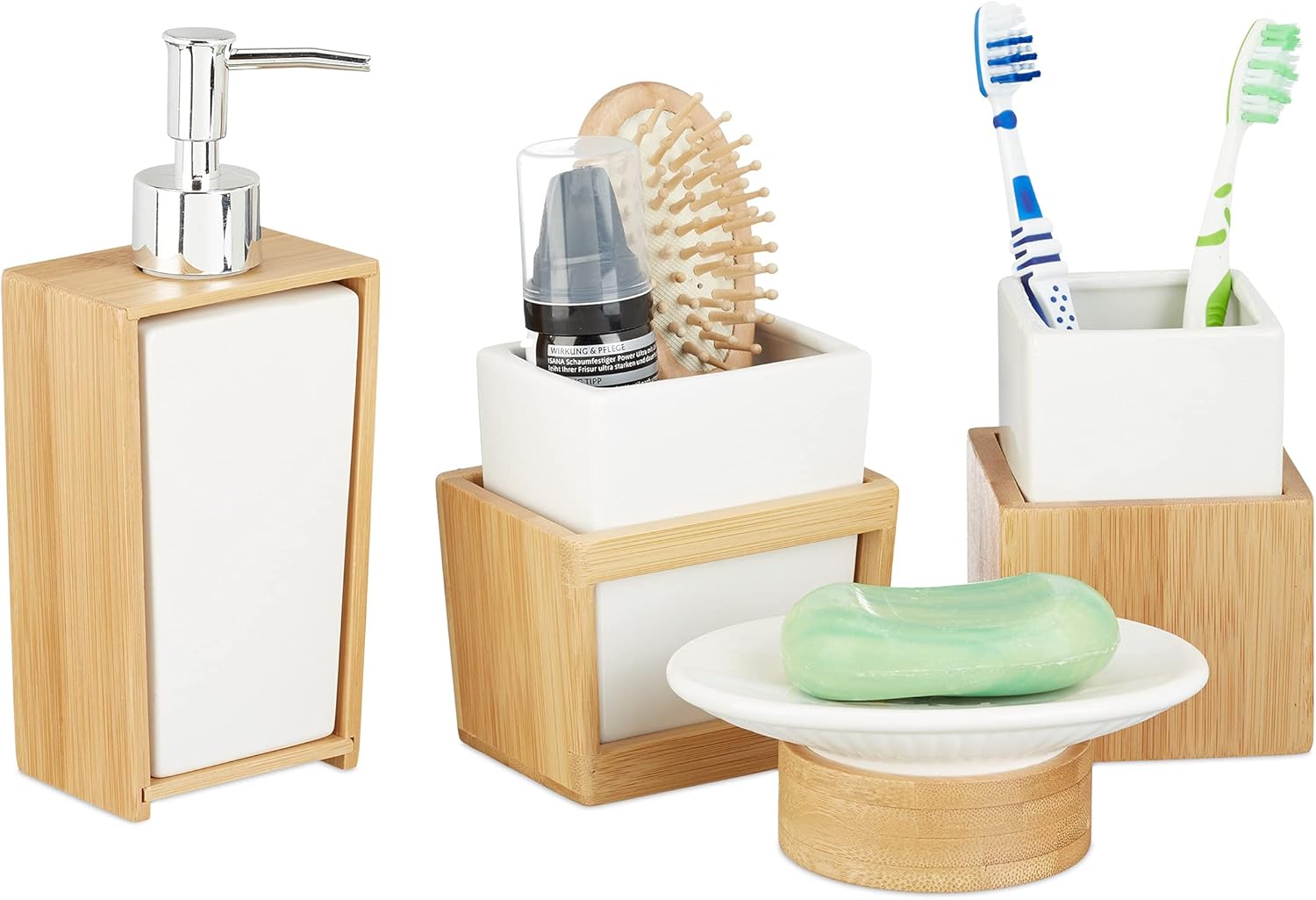 4-teiliges Badezimmer-set – Keramik Und Bambus – Seifenspender Und Aufbewahrung – Natürlicher Chic – Weiß Und Holz