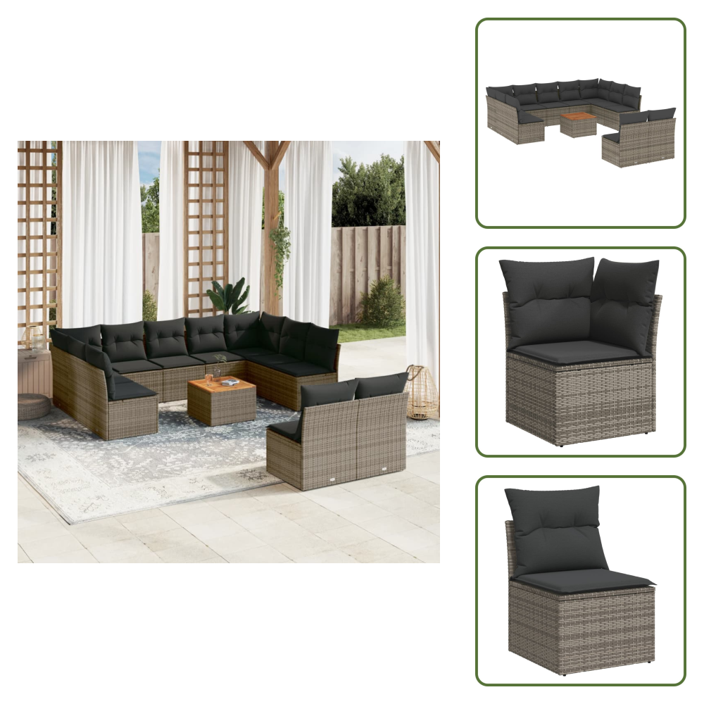 The Living Store 12-tlg. Garten-sofagarnitur Mit Kissen Grau Poly Rattan - Gartenmöbel - Esszimmergarnituren - Outdoor Möbel - Lounge Set - Rattan Sofa