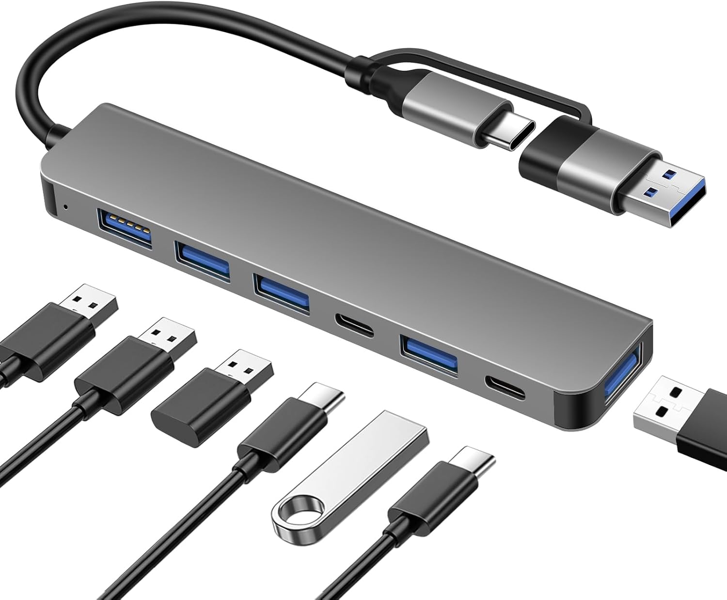 7-in-1 Dual-head-usb-hub Mit Usb-a- Und Usb-c-anschlüssen, 5 Usb-ports