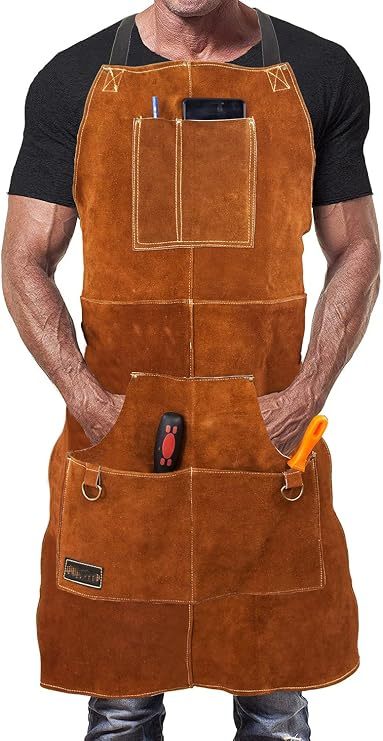 Feuerfeste Schweißer- Und Schmiedeschürze Aus 1,4 Mm Starkem Rindsleder Mit 6 Taschen, Hitzebeständigen Nähten, Geeignet Zum Schweißen, Schmieden, Für Die Werkstatt Und Zum Grillen, Einheitsgröße