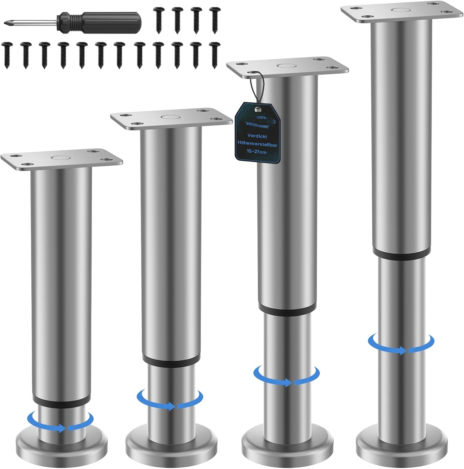 Set Mit 4 Verstellbaren Möbelfüßen, Höhenverstellbar Von 15 Bis 27 Cm - Aus Edelstahl - Für Kleiderschränke, Tv-möbel, Betten, Sofas, Nachttische, Schreibtischstühle, Badezimmerschränke