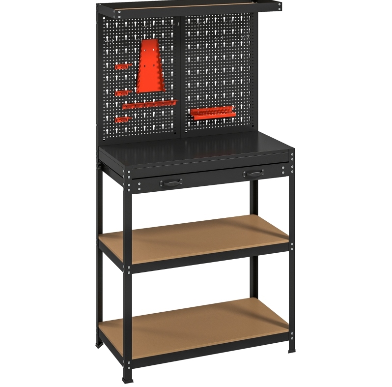 Werkbank 80 X 40,5 X 155 Cm Mit Lochwand, Haken, Schublade Und 2 Ablagen, Schwarz