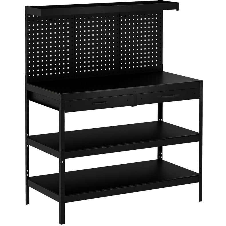 Werkbank Mit Lochwand, 2 Schubladen Und Verstellbaren Regalen, 122 X 61 X 156 Cm, Schwarz