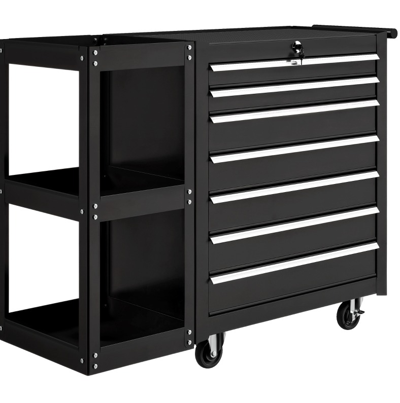 Werkstattwagen Mit 7 Schubladen, Ausziehbarem Seitenregal, 96 X 33,5 X 75 Cm, Schwarz, Homvra