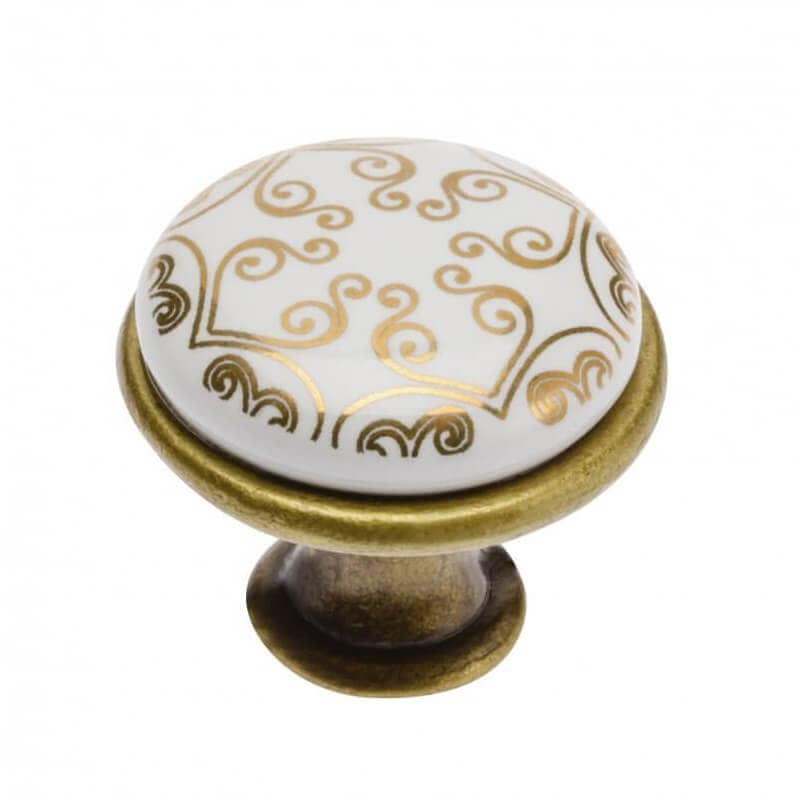 Gedotec Möbelknopf OLGA aus Porzellan &amp; Metall, Ø 26,5 mm, Messing antik / Orient Gold