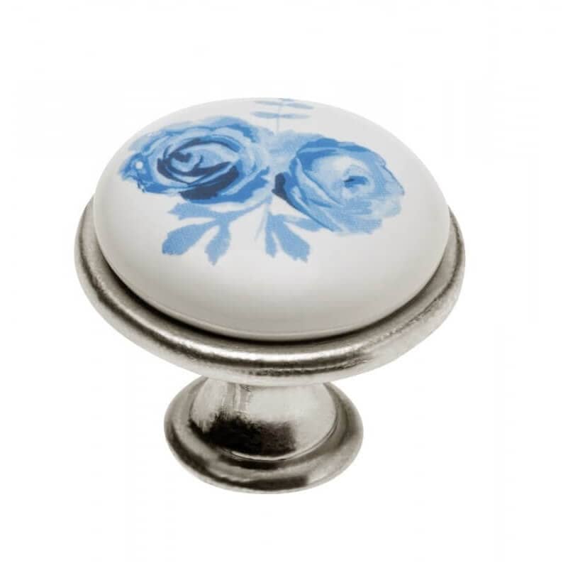 Gedotec Möbelknopf OLGA aus Porzellan &amp; Metall, Ø 26,5 mm, Silber antik / Blaue Rose