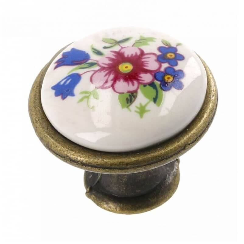 Gedotec Möbelknopf OLGA aus Porzellan &amp; Metall, Ø 26,5 mm, Messing antik / Frühlingsblume