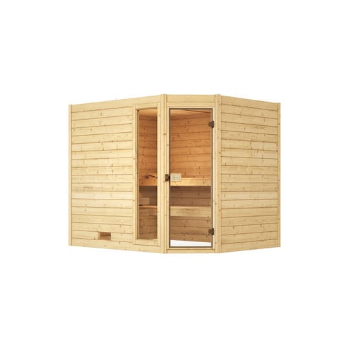 Weka Massivholzsauna Valida Eck 3 Sparset 9 kW BioS Glastür/Fenster
