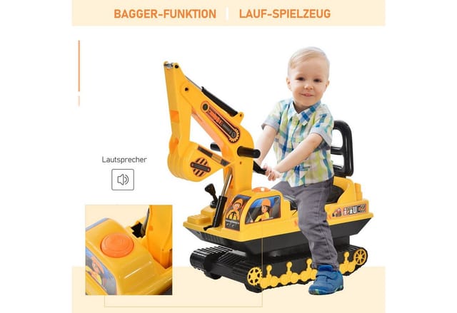 HOMCOM Kinder Sitzbagger mit Schaufel Hupe Aufsitzbagger Stauraum