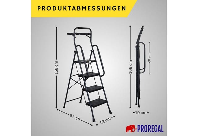 PROREGAL Profi-Trittleiter Klappbar Mit Handbügel Und Werkzeugablage 4 Stufen 160x51x87cm Traglast 150kg Stahl Schwarz Klappleiter Haushaltsleiter