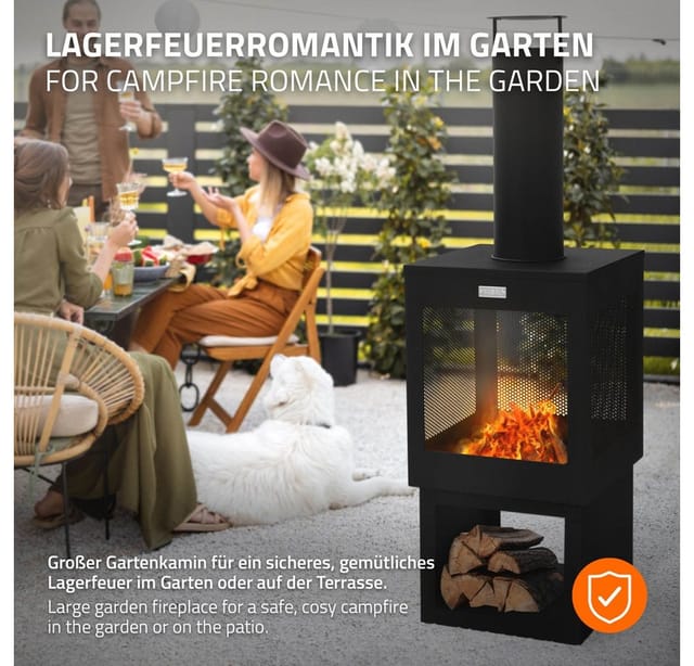 Ml-Design Gartenkamin mit Schornstein 128x40 cm Schwarz Stahl Outdoor