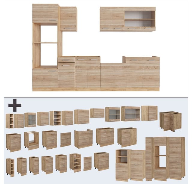 Vicco R-Line Küchenzeile Sonoma/Goldkraft Eiche 300 cm mit Hochschrankohne Arbeitsplatte ohne E-Geräte
