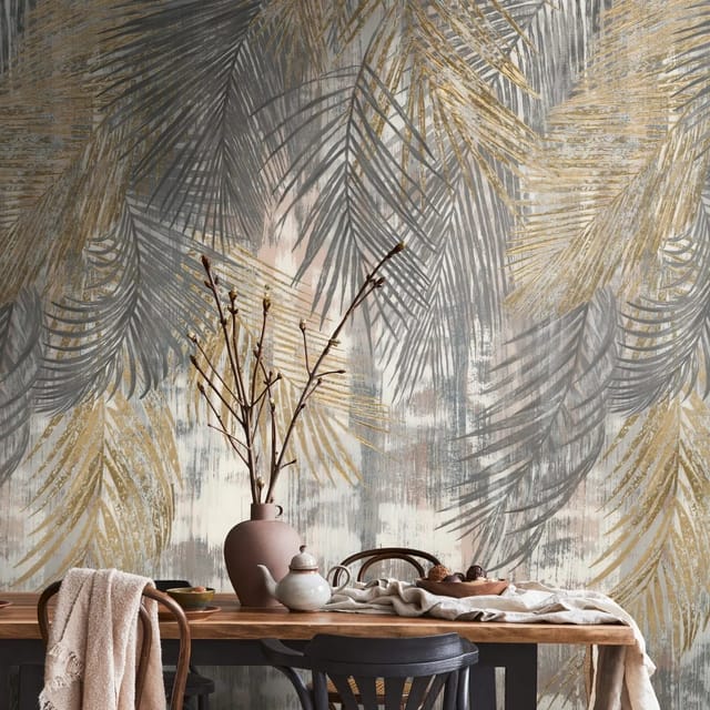PROFHOME 392611-GU Fototapete Palmen Matt Grau Gelb Beige Weiß 1,59 m x 2,8 m 0,53 m x 8,80 m 4,45 m2 Grau