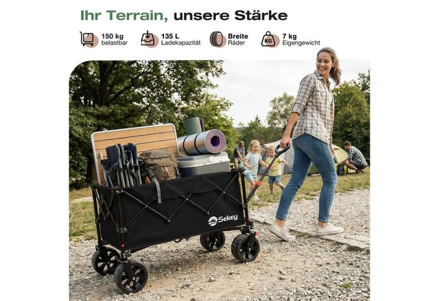 Sekey Campingwagen Faltbar Bollerwagen mit Breiten Reifen 150KG 135L Schwarz