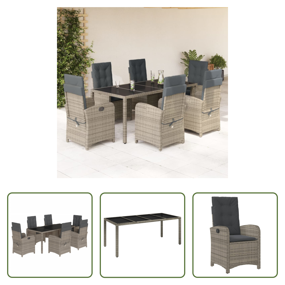 Vidaxl Gartenessgruppe - 7-tlg. Garten-essgruppe Mit Kissen Grau Poly Rattan