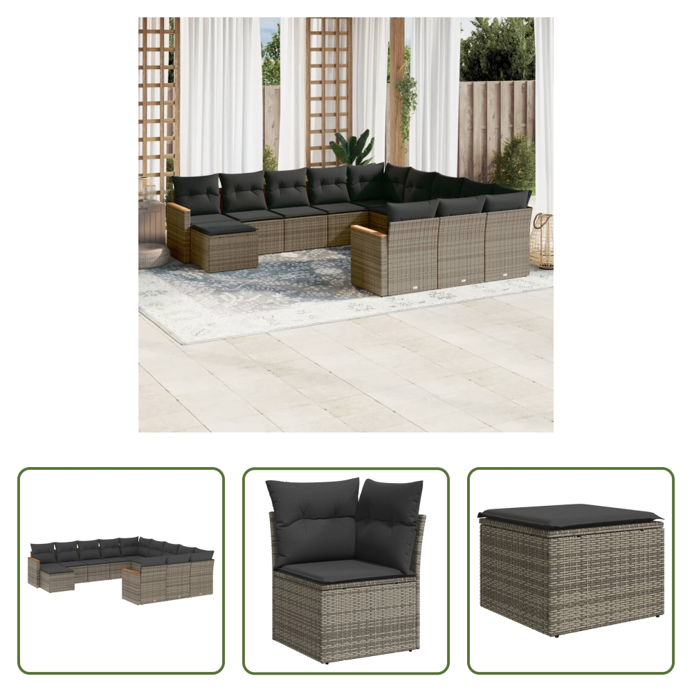 Vidaxl Außensofa - 12-tlg. Garten-sofagarnitur Mit Kissen Grau Poly Rattan