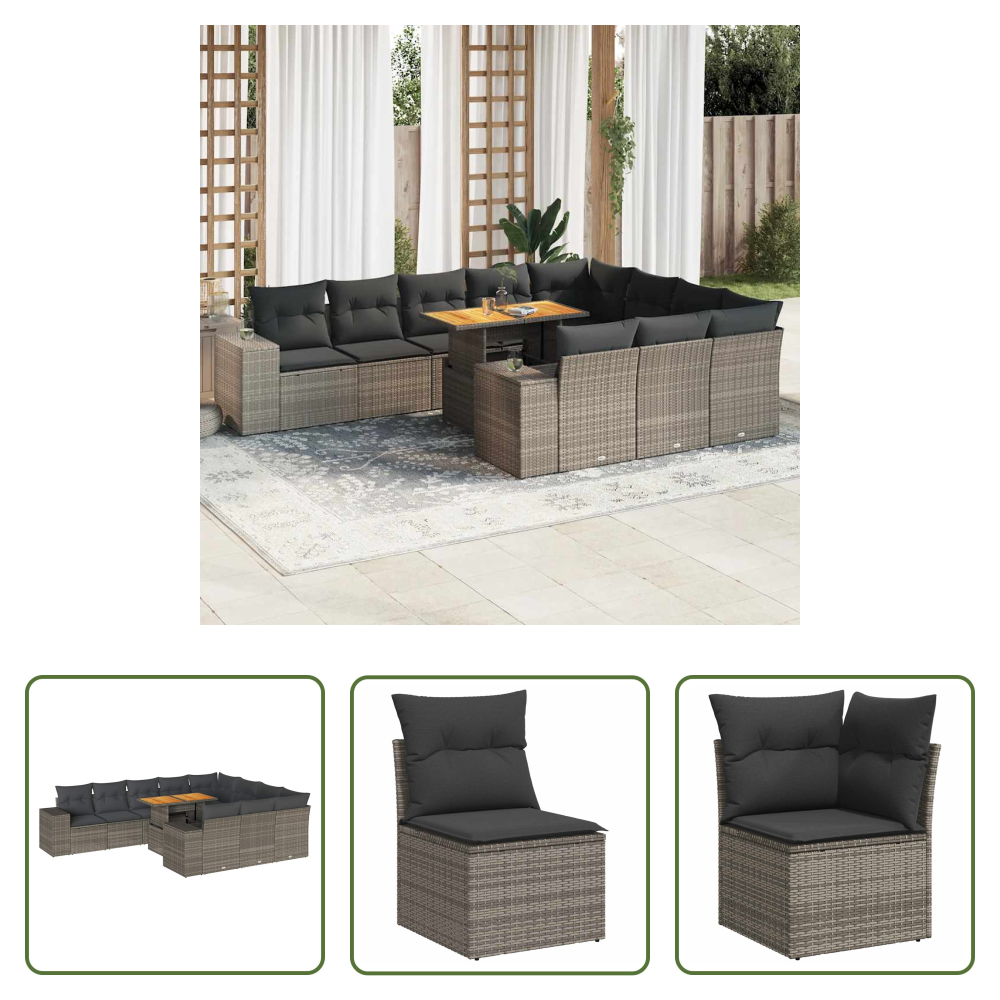 Vidaxl Rattan - 10-tlg. Garten-sofagarnitur Mit Kissen Grau Poly Rattan Akazie