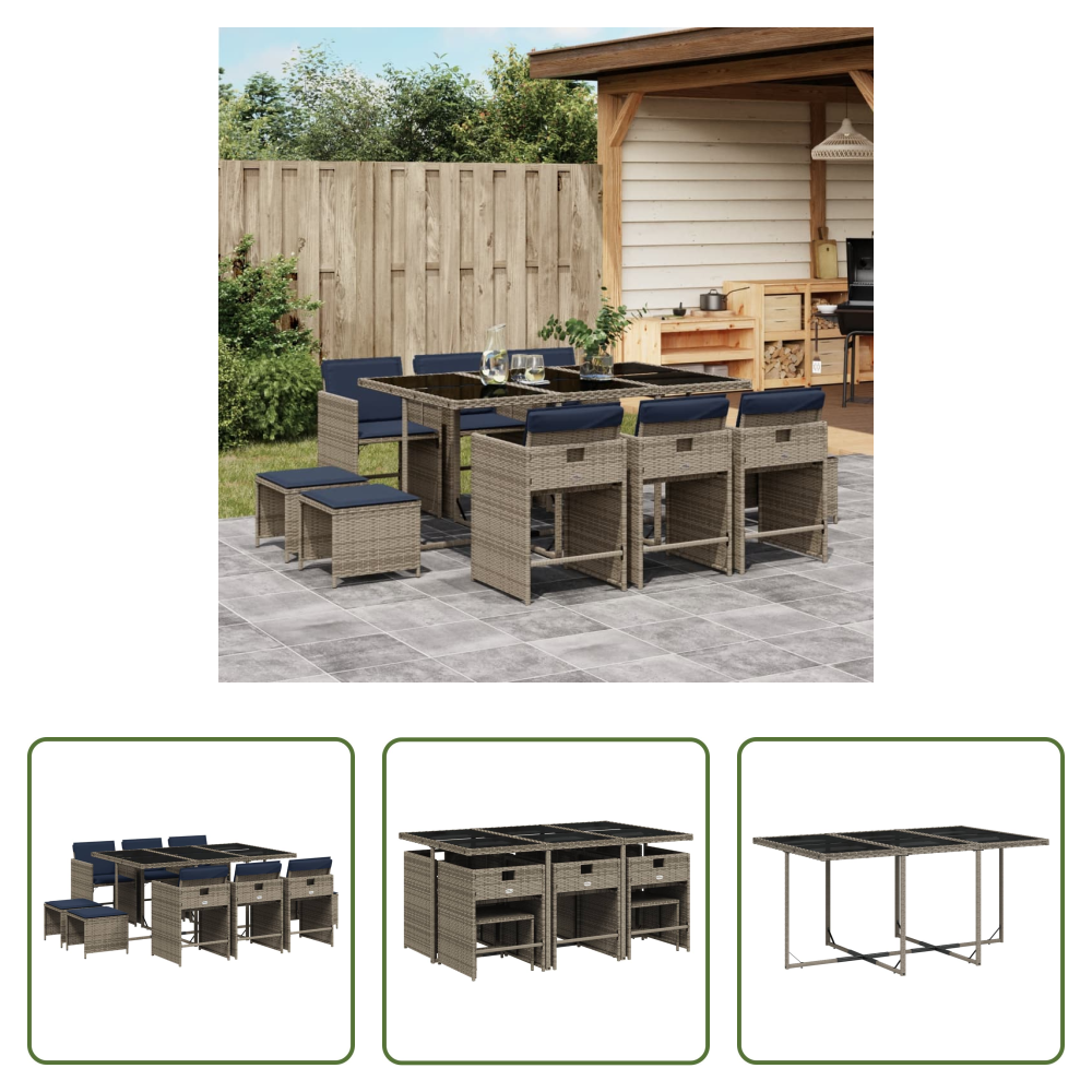 Gartentisch - 11-teiliges Garten-ess-set Mit Kissen, Grau, Polyrattan