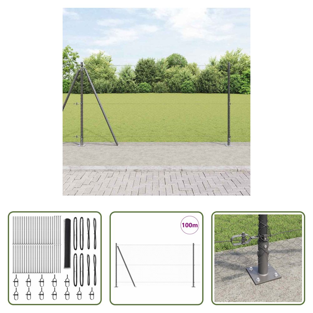 Außenzaun - Zaunpfosten Grau 100 X 1,2 M (25 Mm Netz) Stahl Und Pvc