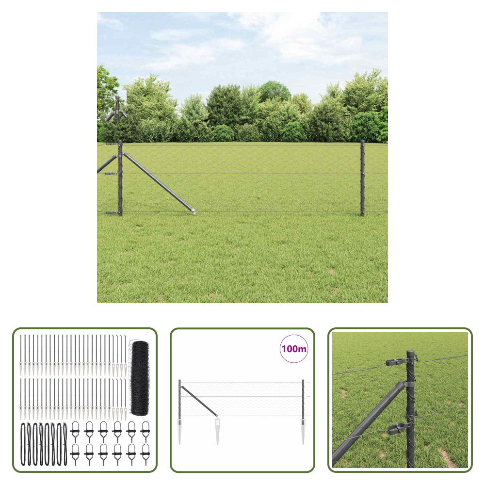 Vidaxl Stahl Und Pvc - Zaunpfosten Grau 100 X 0,6 M (50 Mm Masche) Stahl Und Pvc