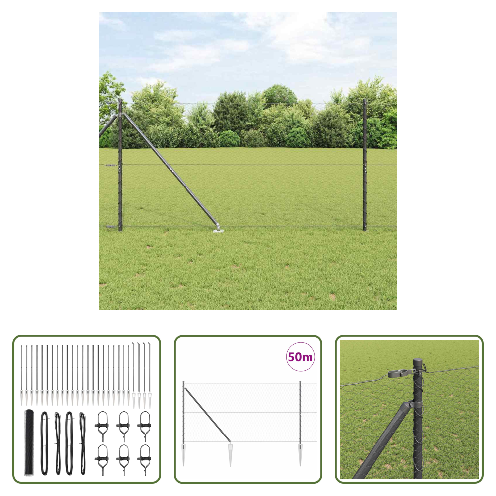 Außenzaun - Zaunpfosten Grau 50 X 1,4 M (25 Mm Maschenweite) Stahl Und Pvc