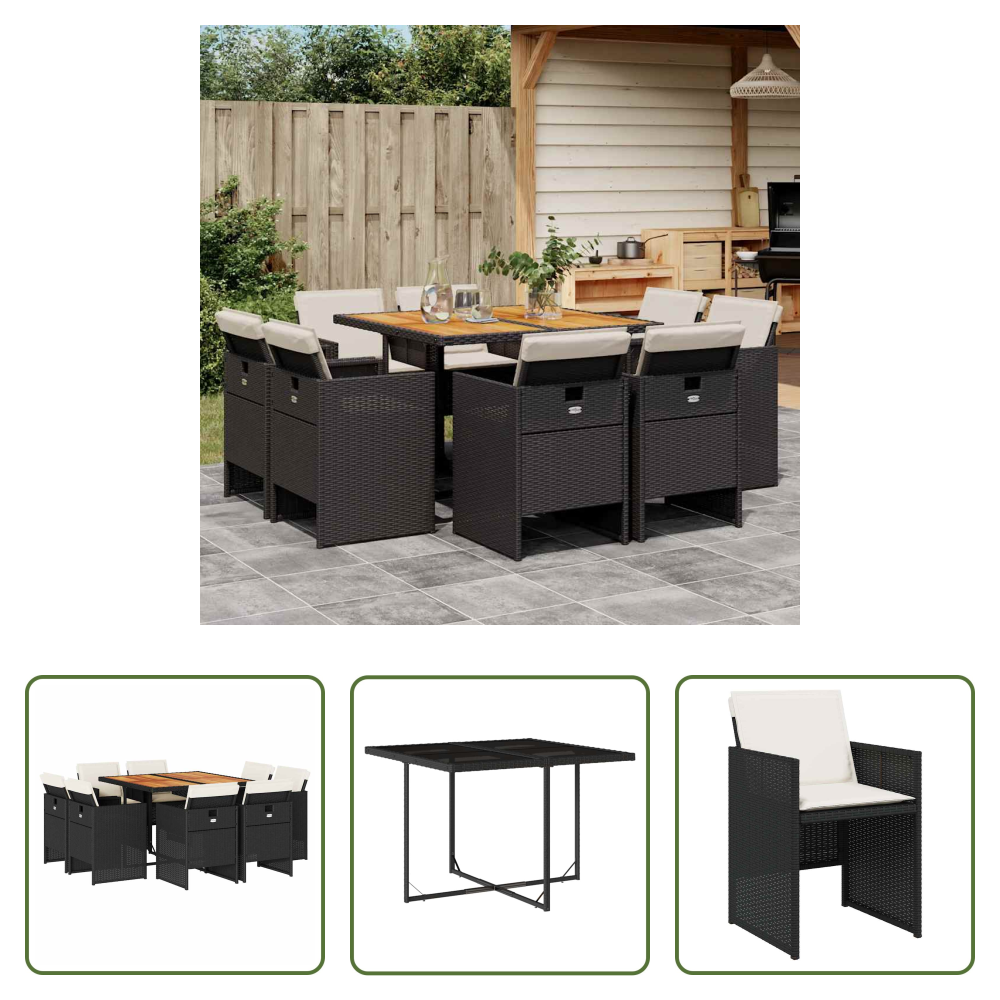 Essgruppe - 9-tlg. Garten-essgruppe Mit Kissen Schwarz Poly Rattan