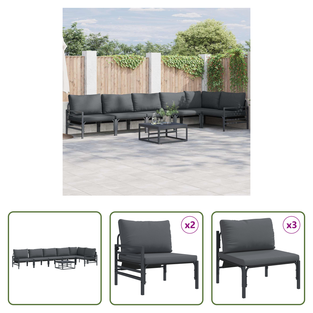 Gartensofa Set - Gartensofa-set Mit Kissen 7 Pcs Schwarz Stahl