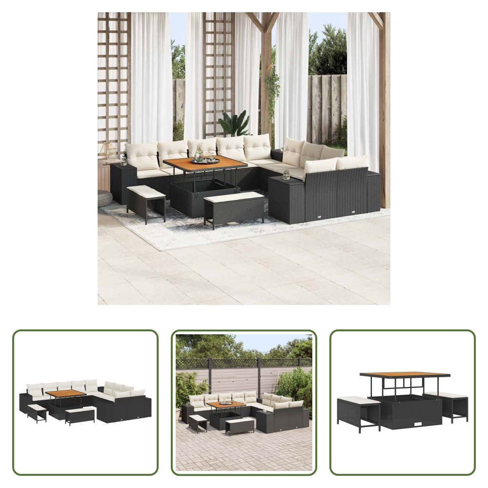 Poly-rattan - Gartensofa-set Mit Kissen 13 Pcs Schwarz Und Creme Poly-rattan