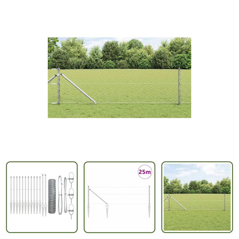Außenzaun - Zaunpfosten Silber 25 X 0,6 M (50 Mm Maschen) Stahl