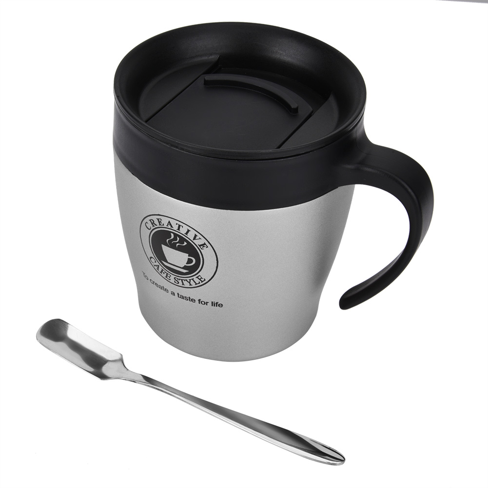 Isolierter Edelstahlbecher Mit Löffel Und Deckel, Ideal Für Büro Und Reisen (silber)