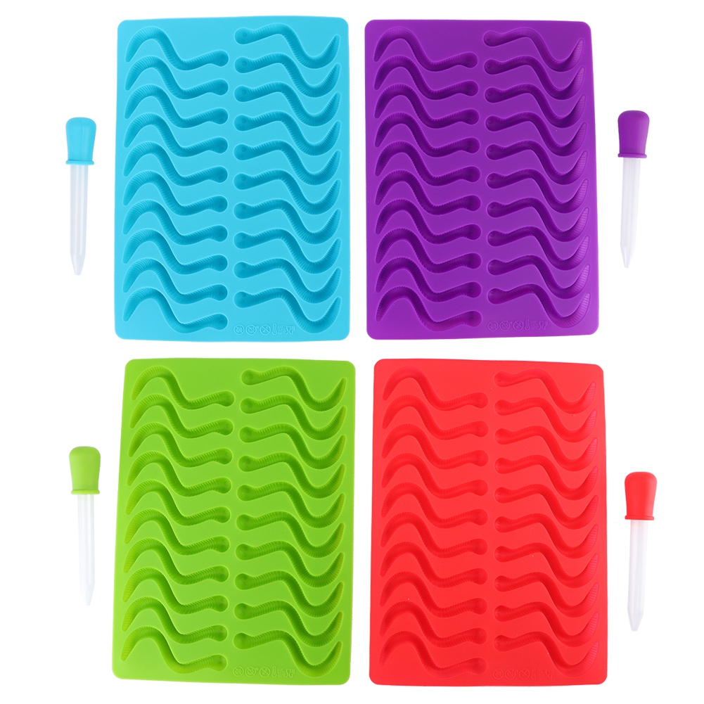 4 Silikon-fondant- Und Bonbonformen In Form Eines Regenwurms Mit Pipette, Rot, Blau, Grün Und Lila.