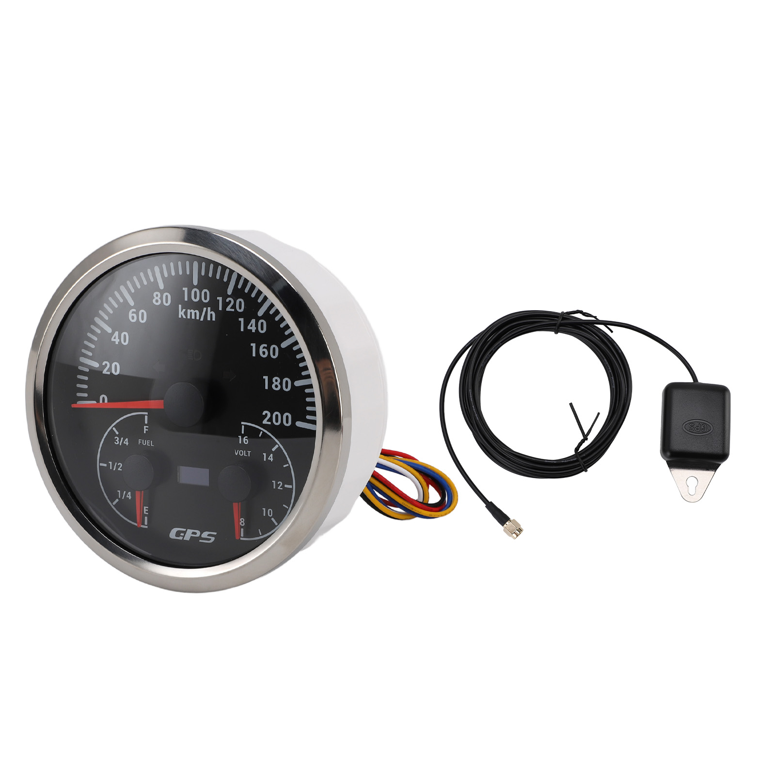 3-in-1-gps-tachometer (110 Mm) Mit Voltmeter, Tankanzeige, Blinkern Und 200-km/h-anzeige. Ideal Für Wohnmobile, Yachten Und Lkw. Schwarzes Zifferblatt, Silberne Lünette, Rote Hintergrundbeleuchtung. T