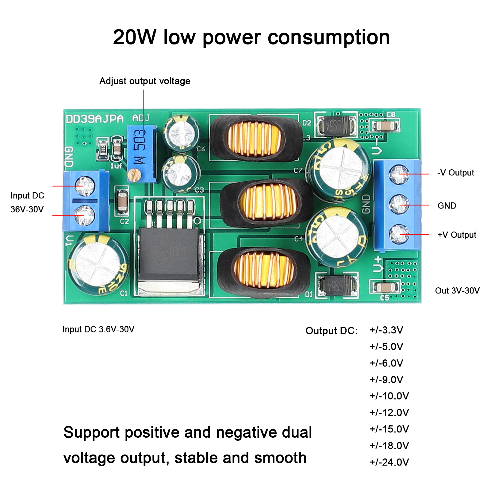 Dc/dc-aufwärts-/abwärtswandler 3,6–30 V Auf ±3–30 V, 20 W, Duales Positives/negatives Ausgangsspannungs-aufwärts-/abwärts-netzteilmodul Für Audioverstärker