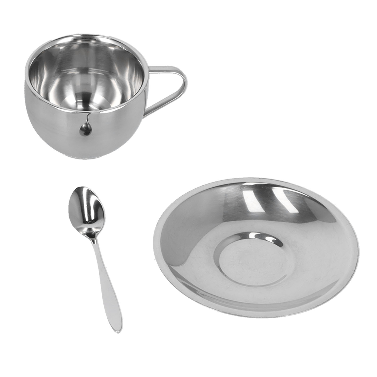Set Aus 3 Doppelwandigen, Isolierten Edelstahl-kaffeebechern Mit Untertasse Und Löffel (180 Ml), Ideal Für Milchtee.