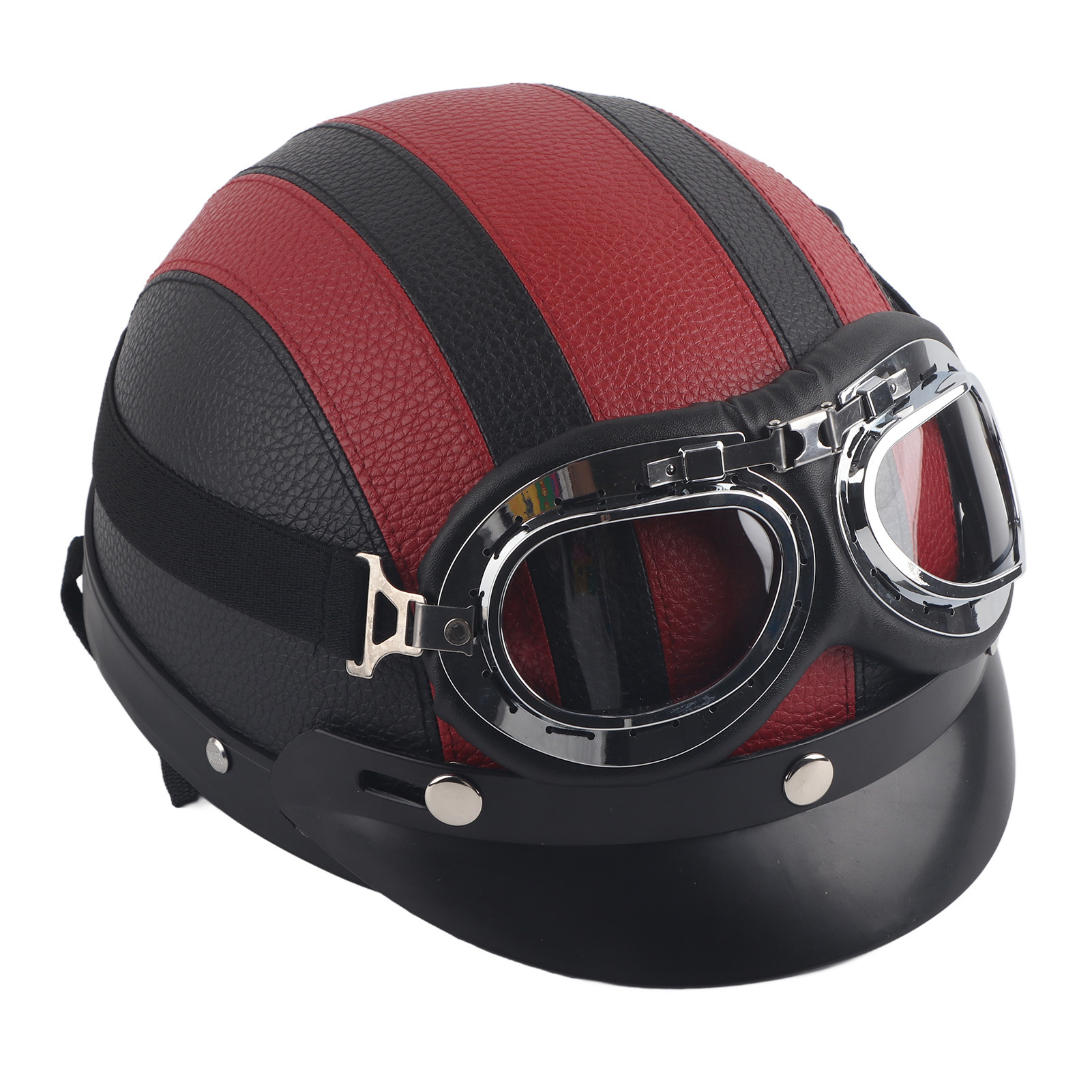 Universeller Halbjethelm Aus Kunstleder Für Motorrad Und Roller, Mit Visier Und Roter Uv-schutzbrille.