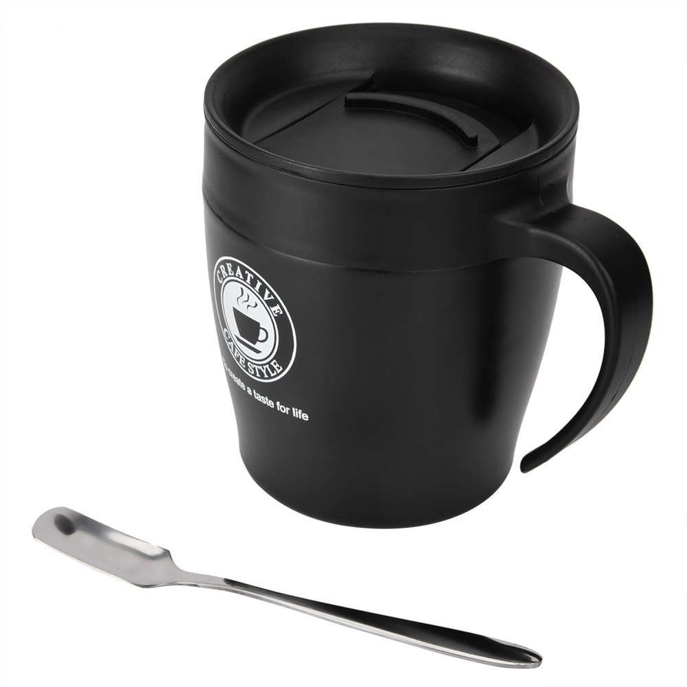 Isolierbecher Aus Edelstahl Mit Löffel Und Deckel, Ideal Für Büro Und Reisen (schwarz)