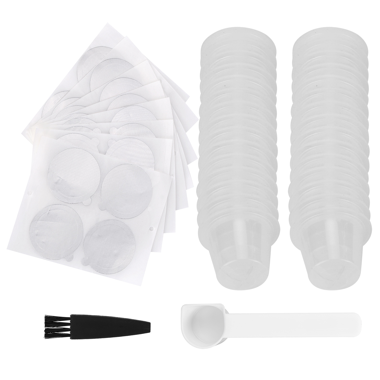 Nespresso Einweg-kaffeekapsel-set Mit Pulverfilter Und Küchenzubehör (30 Transparente Kapseln + 30 Löffel Und Pinsel Aus Aluminiumfolie).