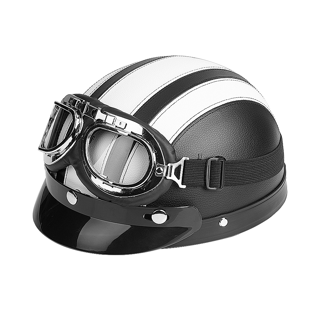 Universeller Halbjethelm Aus Kunstleder Für Motorrad Und Roller, Mit Visier Und Weißer Uv-schutzbrille.